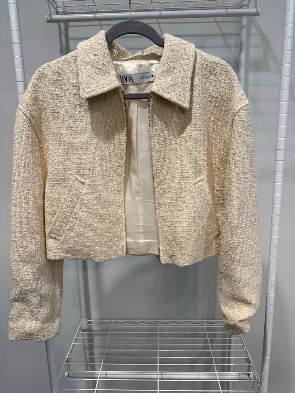 Zara Cream Tweed Cropped Blazer Jacket